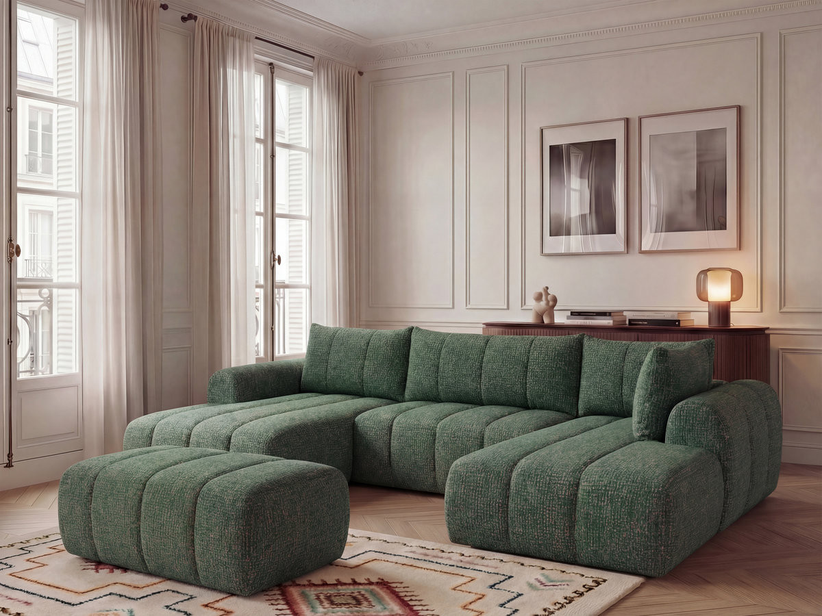 Canapé panoramique fixe NESTY tissu chiné avec pouf