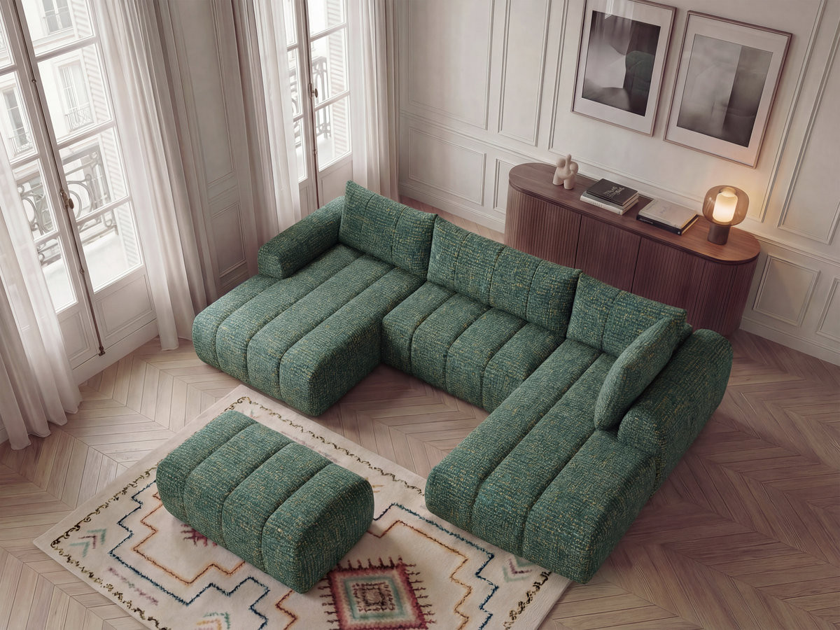 Canapé panoramique fixe NESTY tissu chiné avec pouf