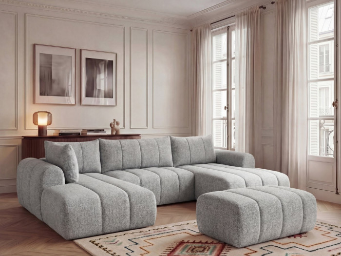 Canapé panoramique fixe NESTY tissu chiné avec pouf