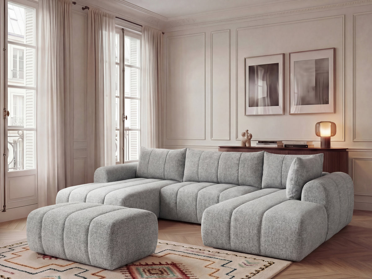 Canapé panoramique fixe NESTY tissu chiné avec pouf