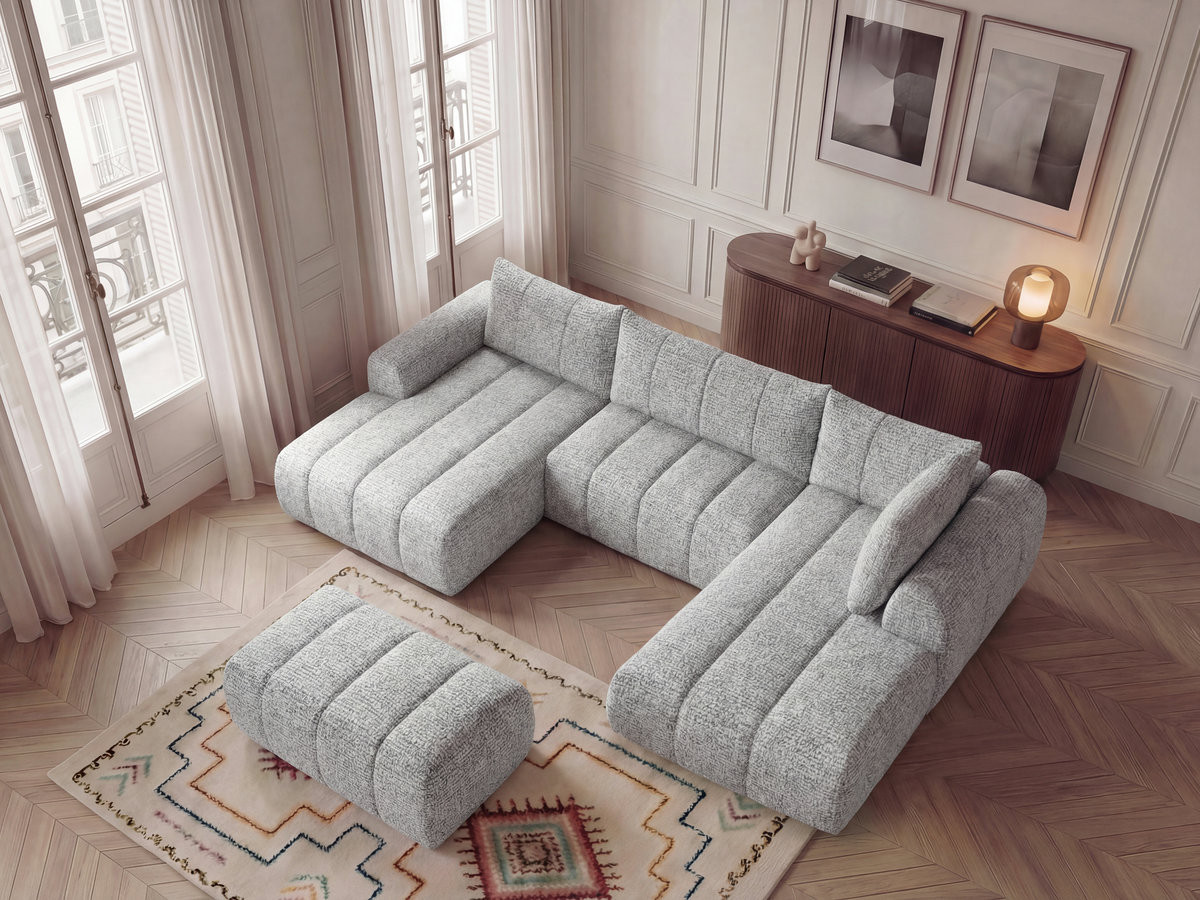 Canapé panoramique fixe NESTY tissu chiné avec pouf