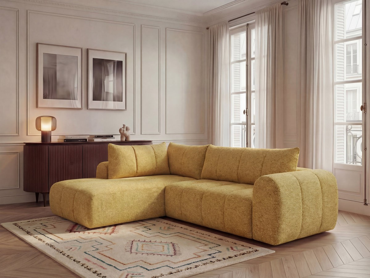 Canapé d'angle L fixe NESTY tissu chiné jaune  angle gauche BOBOCHIC 3 places