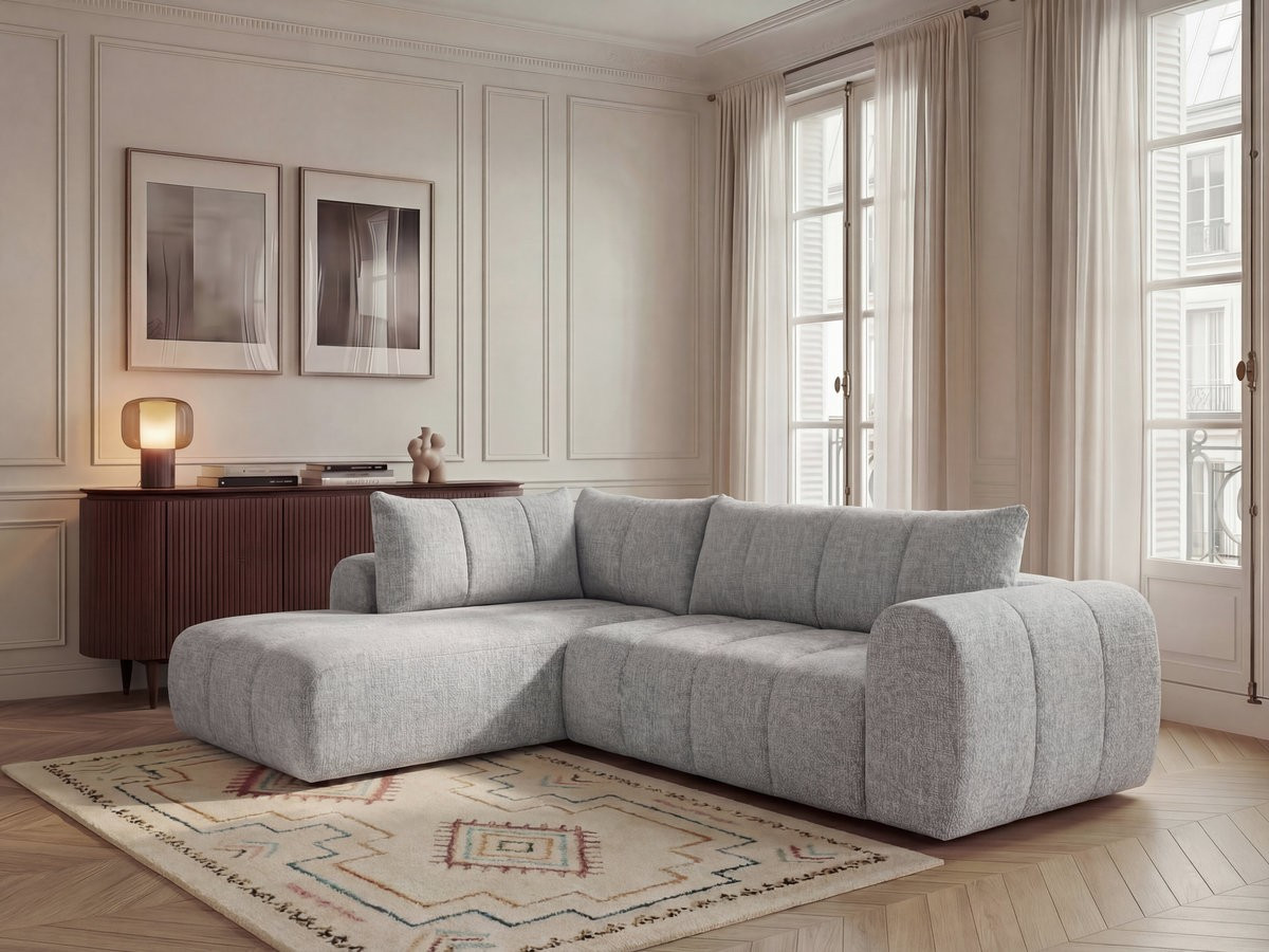 Canapé d'angle L fixe NESTY tissu chiné gris clair  angle gauche BOBOCHIC 3 places