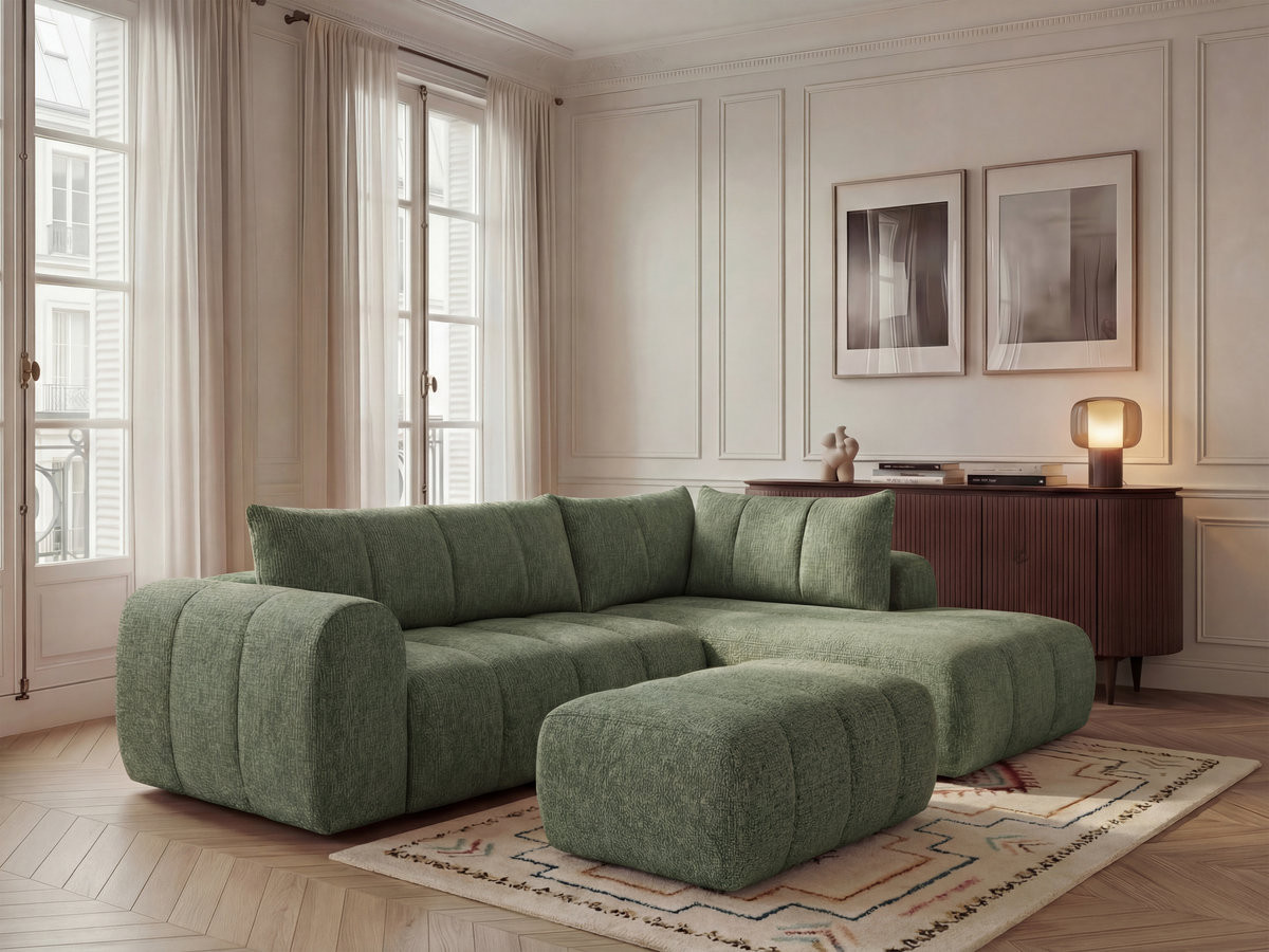 Canapé d'angle L NESTY chiné avec pouf vert clair