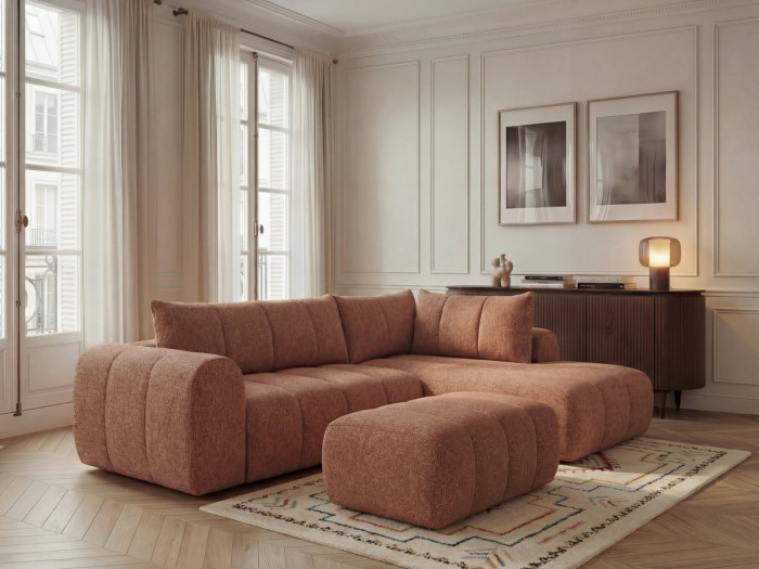 Canapé d'angle L fixe NESTY tissu chiné avec pouf