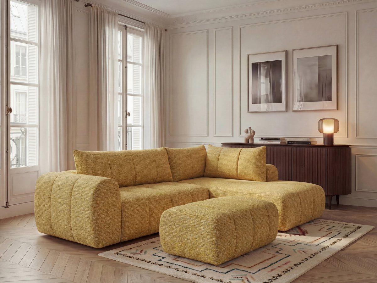 Canapé d'angle L NESTY chiné avec pouf jaune — vue 4