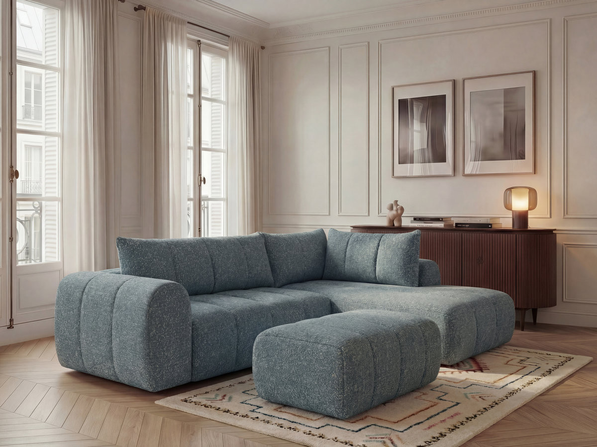Canapé d'angle L NESTY chiné avec pouf bleu