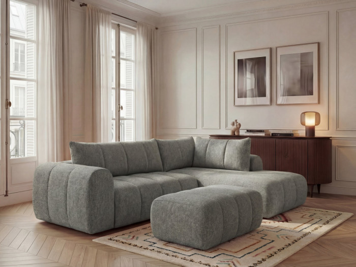 Canapé d'angle L fixe NESTY tissu chiné avec pouf