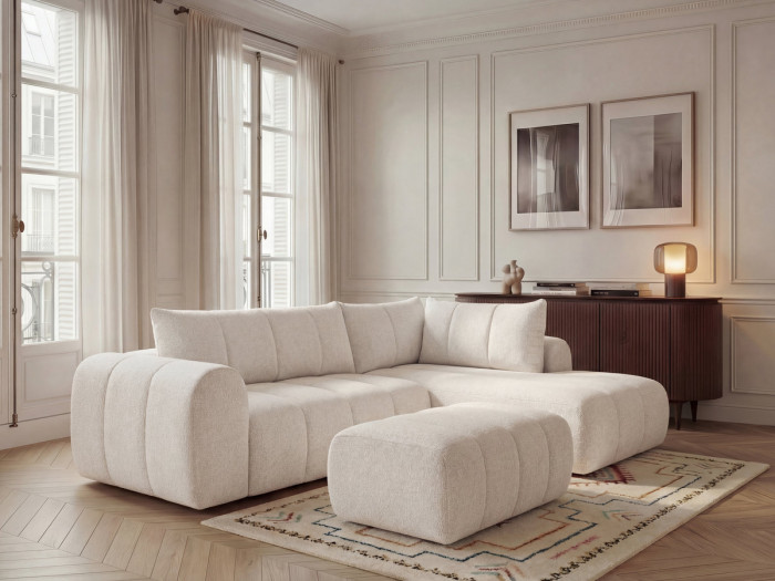 Canapé d'angle L fixe NESTY tissu chiné avec pouf