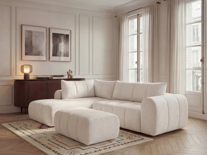 Canapé d'angle L fixe NESTY tissu chiné avec pouf