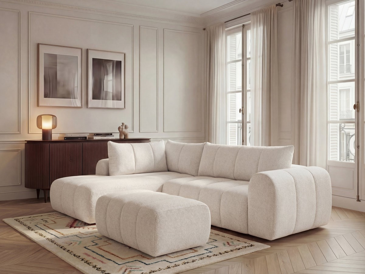 Canapé d'angle L NESTY chiné avec pouf beige