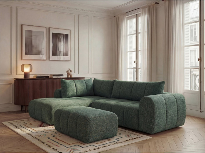Canapé d'angle L fixe NESTY tissu chiné avec pouf
