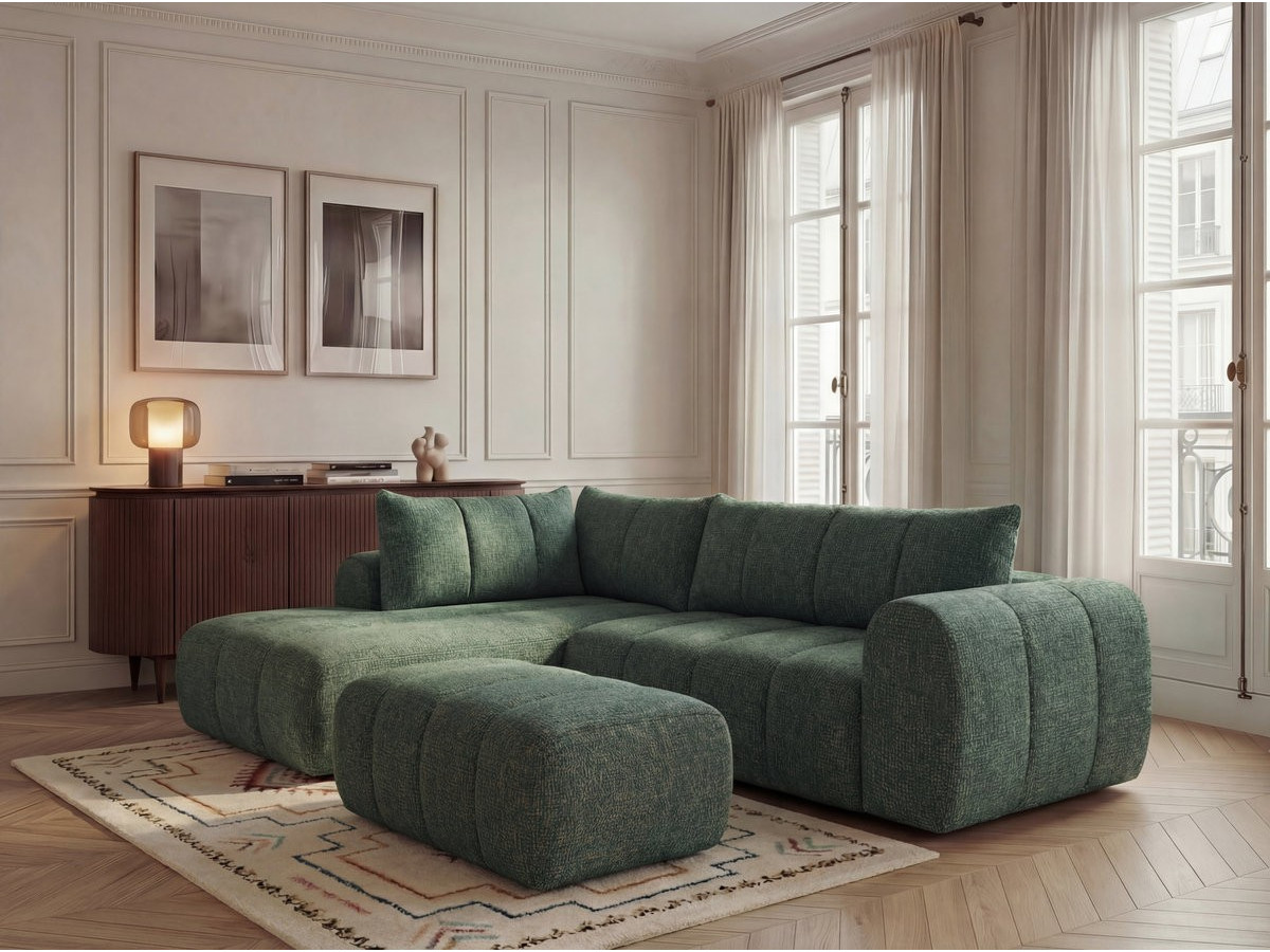 Canapé d'angle L NESTY chiné avec pouf vert foncé
