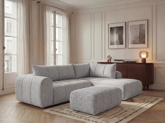 Canapé d'angle L fixe NESTY tissu chiné avec pouf