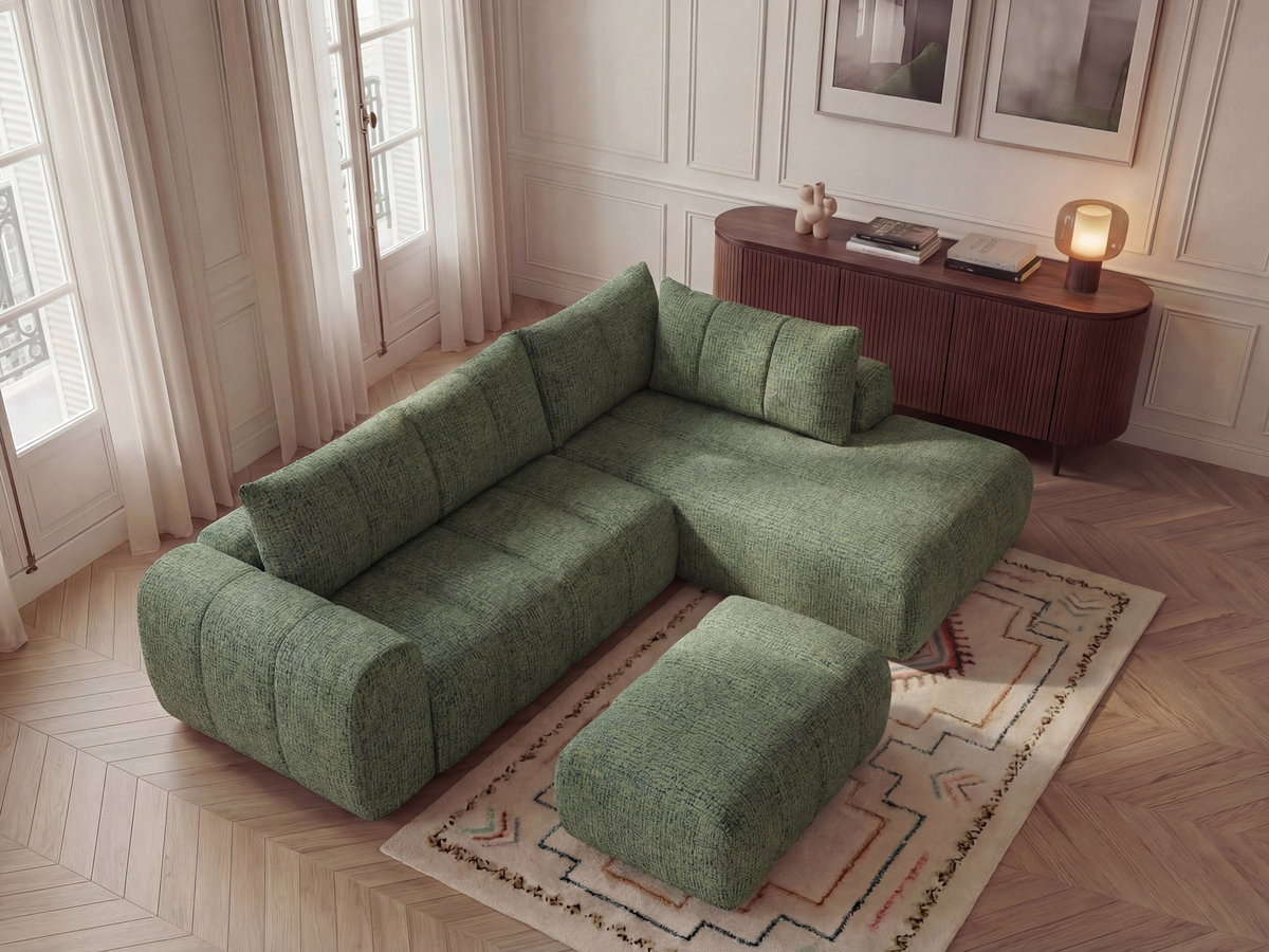 Canapé d'angle L NESTY chiné avec pouf vert clair — vue 5