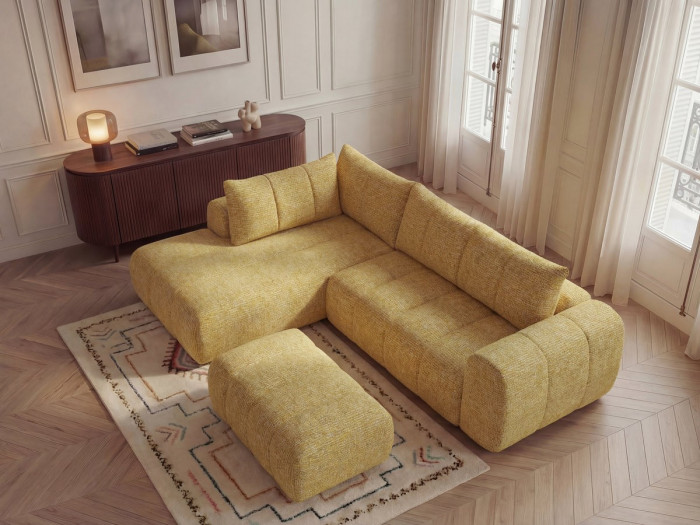 Canapé d'angle L fixe NESTY tissu chiné avec pouf