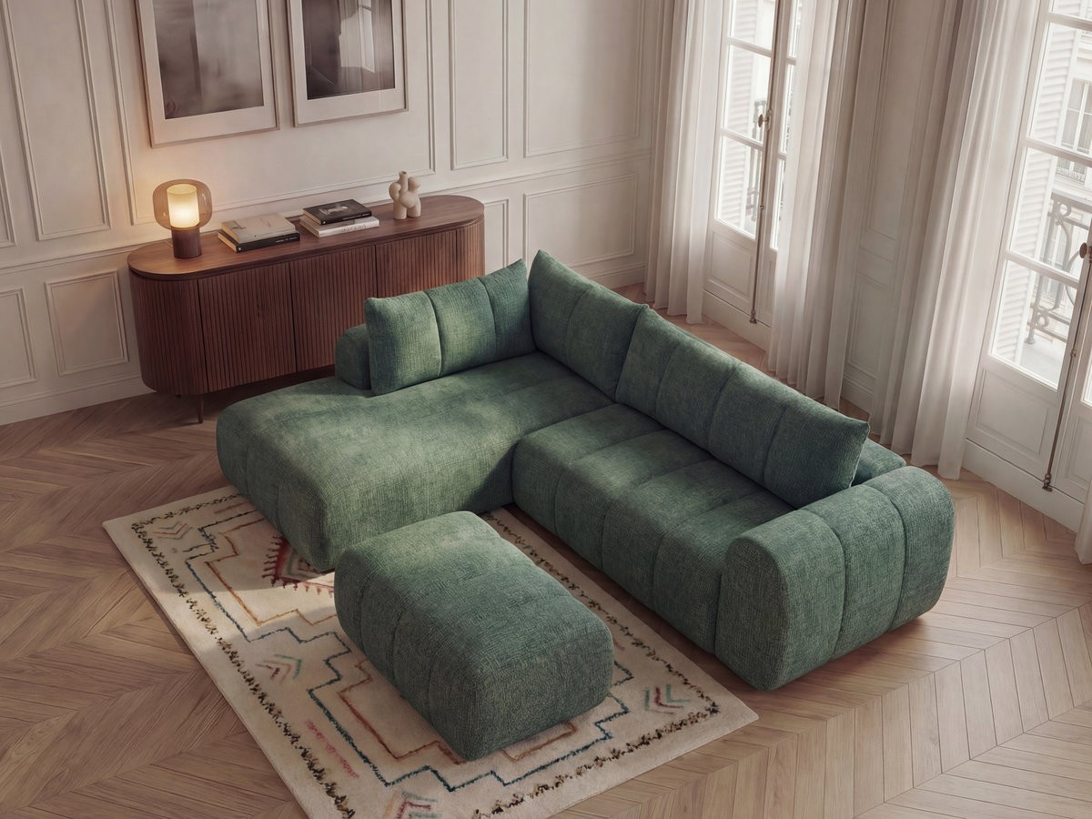 Canapé d'angle L NESTY chiné avec pouf vert foncé — vue 5