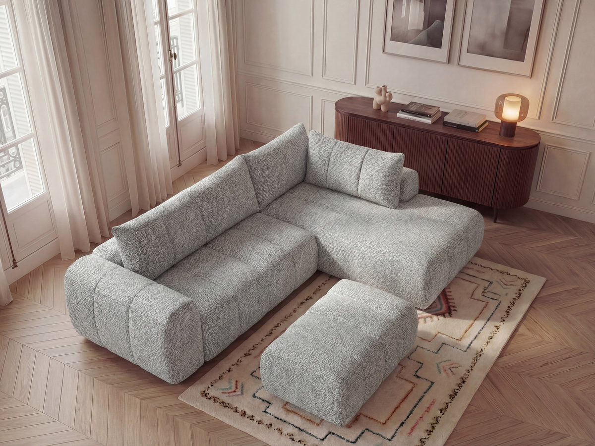 Canapé d'angle L NESTY chiné avec pouf gris clair — vue 5