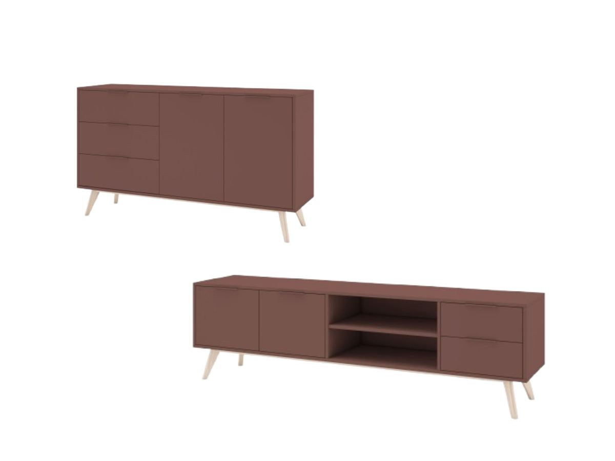 Ensemble CAPUS avec buffet 140 cm + meuble TV 180 cm pin laqué terracotta