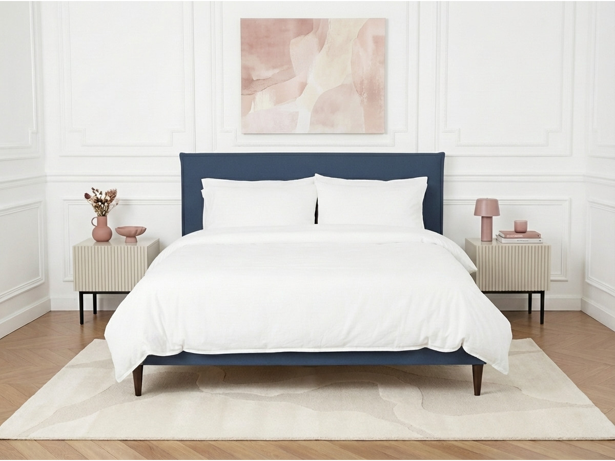 Lit SARY avec lattes massives pieds en bois wengé bleu