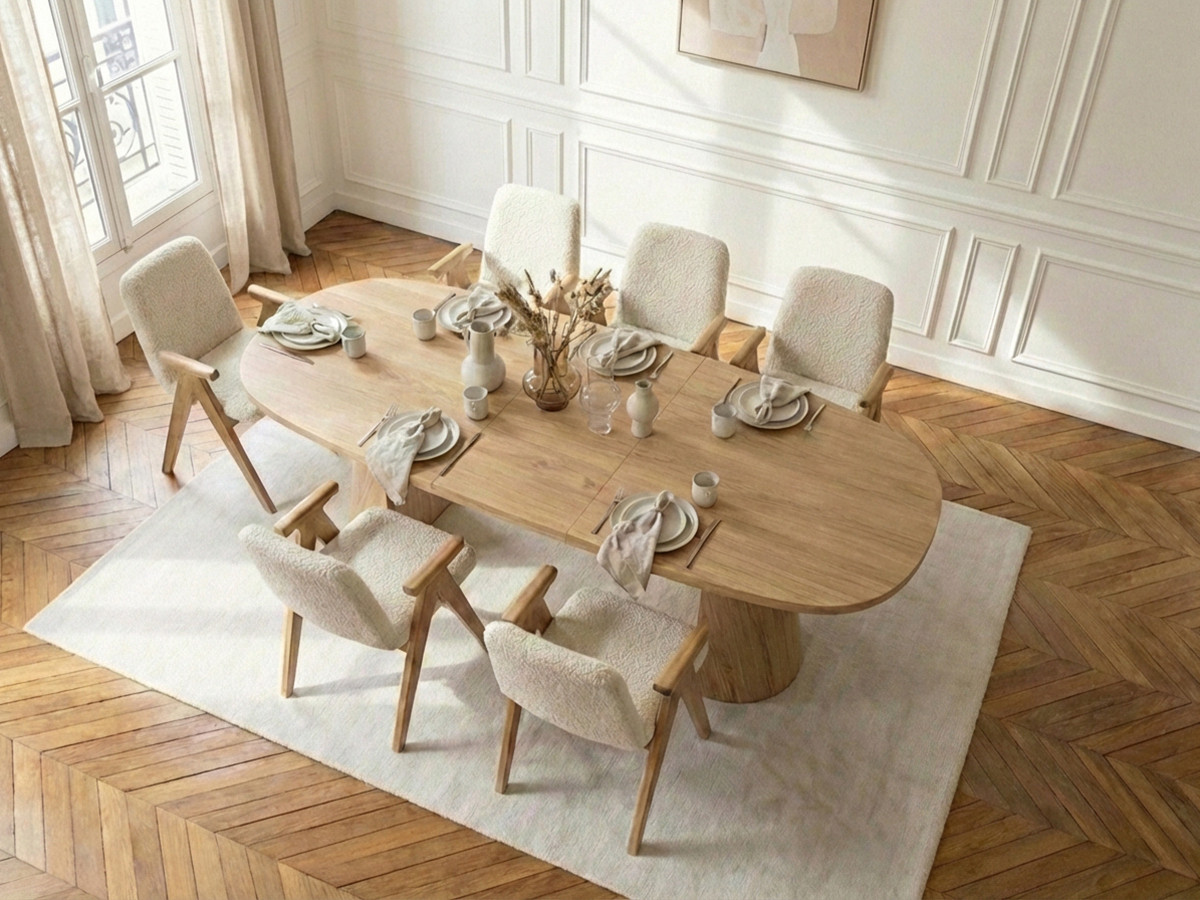 Ensemble MAZARGUES avec table à manger extensible 200 à 300 cm + 6 chaises PAGNOL placage chêne massif marron clair — vue 4