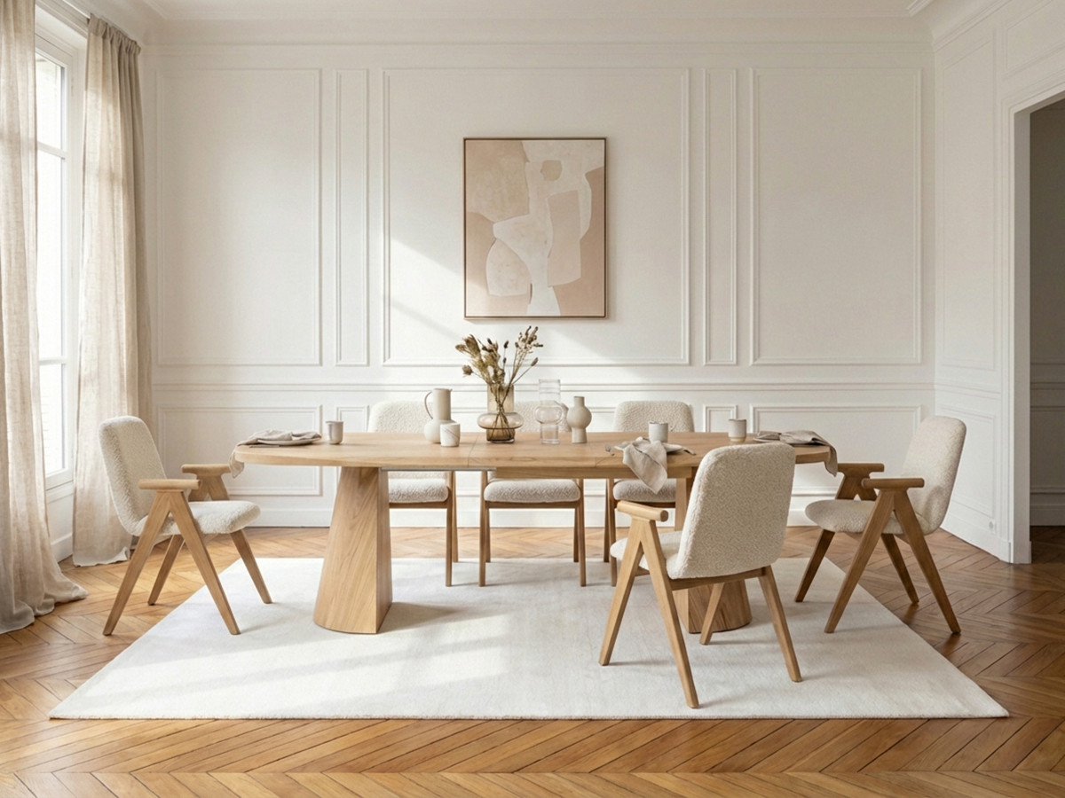 MAZARGUES set met uitschuifbare eettafel 200 tot 300 cm + 6 PAGNOL stoelen in massief eiken fineer