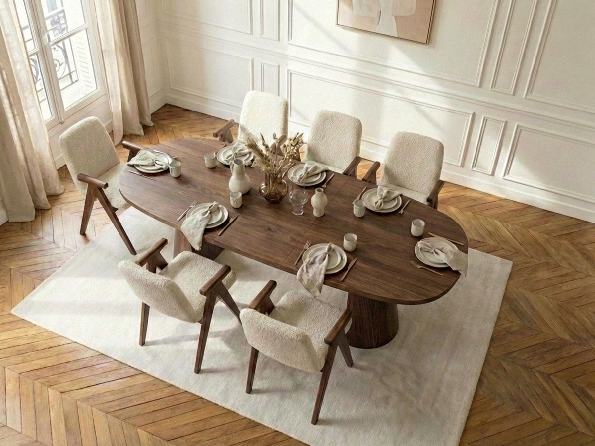 Ensemble MAZARGUES avec table à manger extensible 200 à 300 cm + 6 chaises PAGNOL placage chêne massif marron foncé — vue 4