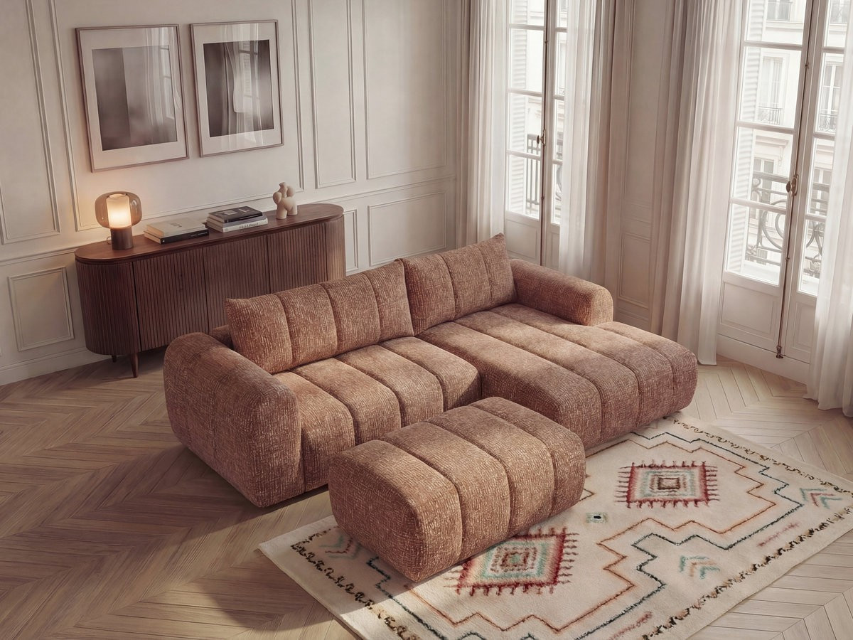 Canapé d'angle NESTY chiné avec pouf orange — vue 5