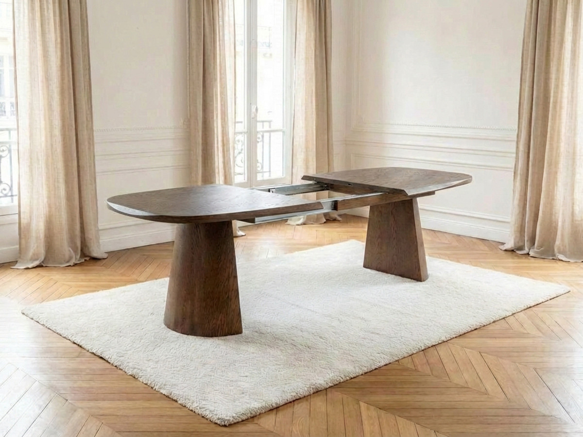 Uitschuifbare rechthoekige ronde eettafel 200 tot 300 cm MAZARGUES massief eiken fineer