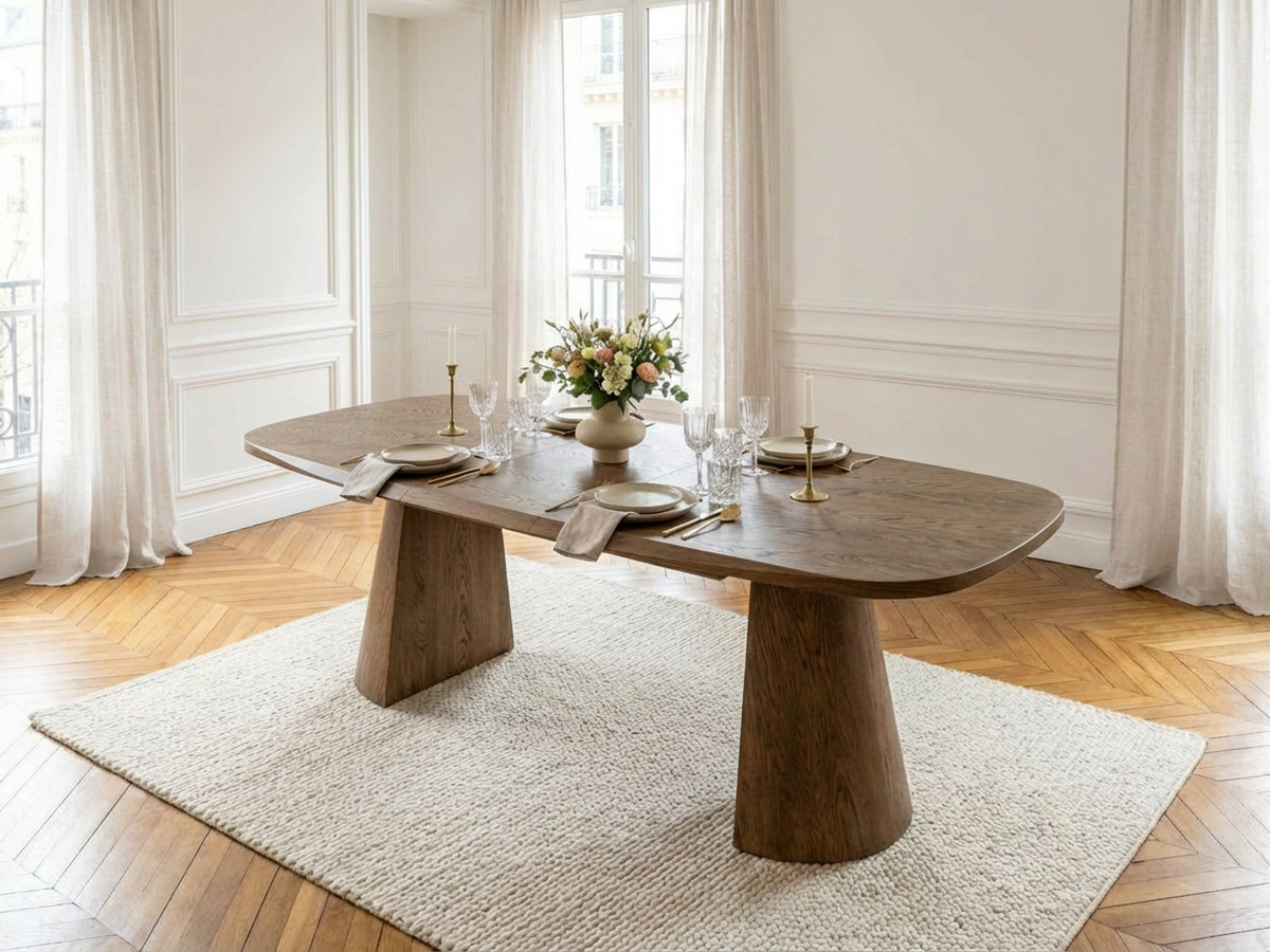 Table à manger extensible rectangulaire arrondie 200 à 300 cm MAZARGUES placage chêne massif marron foncé — vue 6