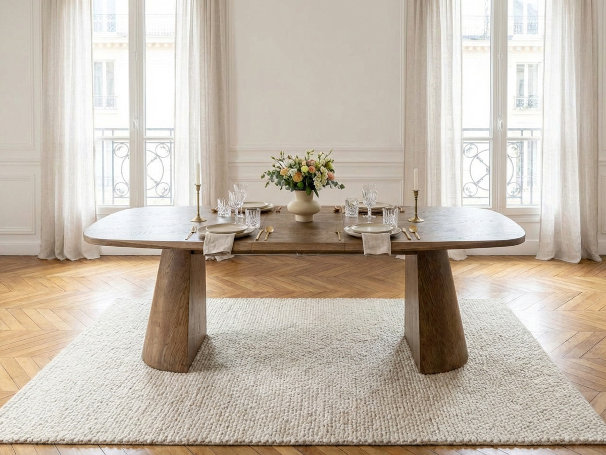 Uitschuifbare rechthoekige ronde eettafel 200 tot 300 cm MAZARGUES massief eiken fineer