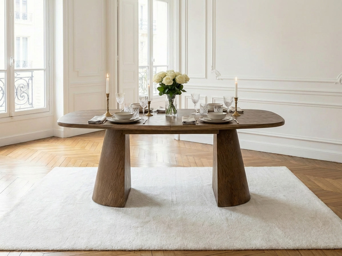 Uitschuifbare rechthoekige ronde eettafel 200 tot 300 cm MAZARGUES massief eiken fineer