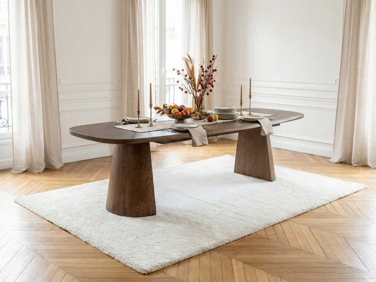 Uitschuifbare rechthoekige ronde eettafel 200 tot 300 cm MAZARGUES massief eiken fineer