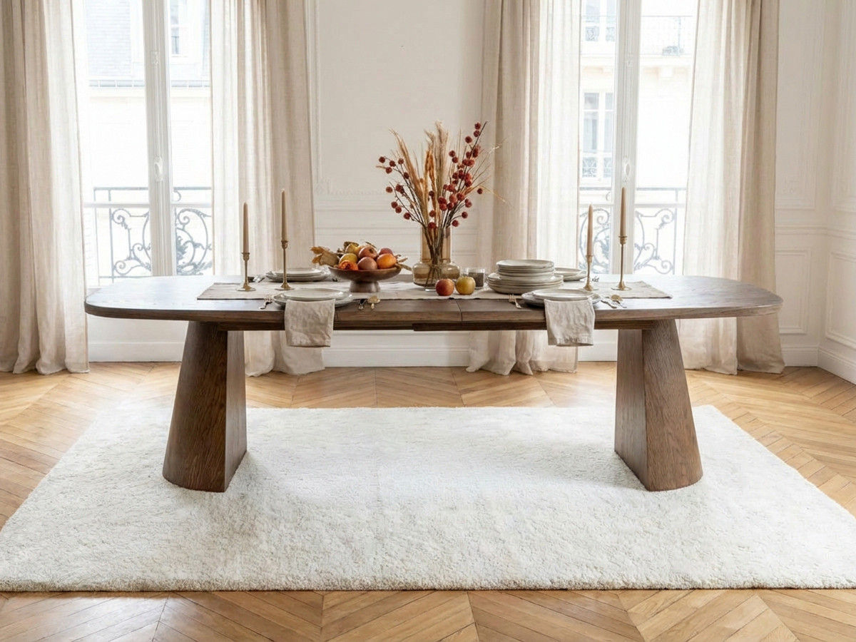 Uitschuifbare rechthoekige ronde eettafel 200 tot 300 cm MAZARGUES massief eiken fineer
