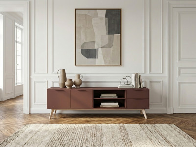 Meuble TV 2 portes 2 tiroirs 180 cm CAPUS pin laqué terracotta