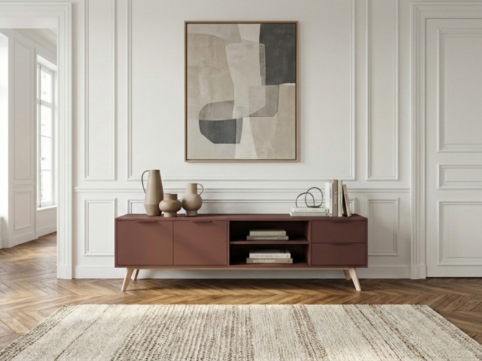 Meuble TV 2 portes 2 tiroirs 180 cm CAPUS pin laqué terracotta