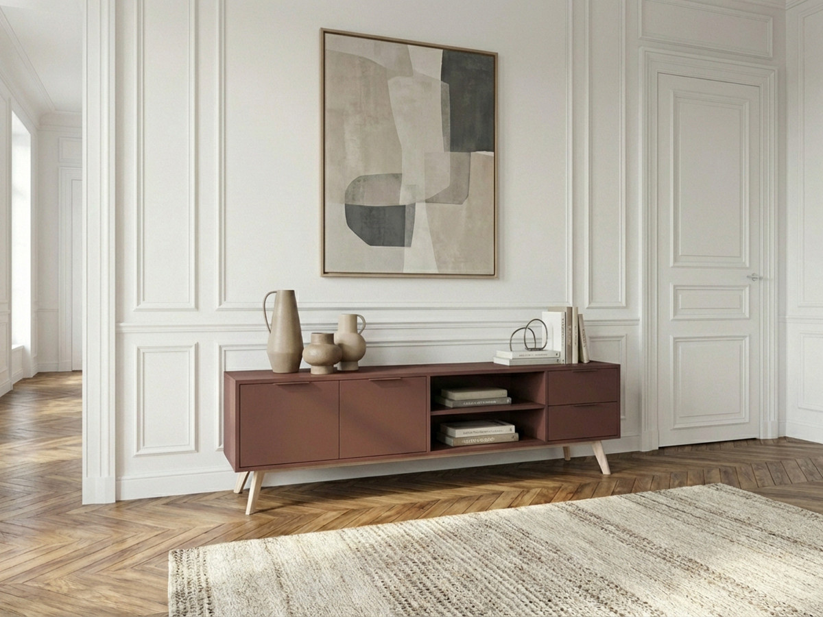 Meuble TV 2 portes 2 tiroirs 180 cm CAPUS pin laqué terracotta — vue 4