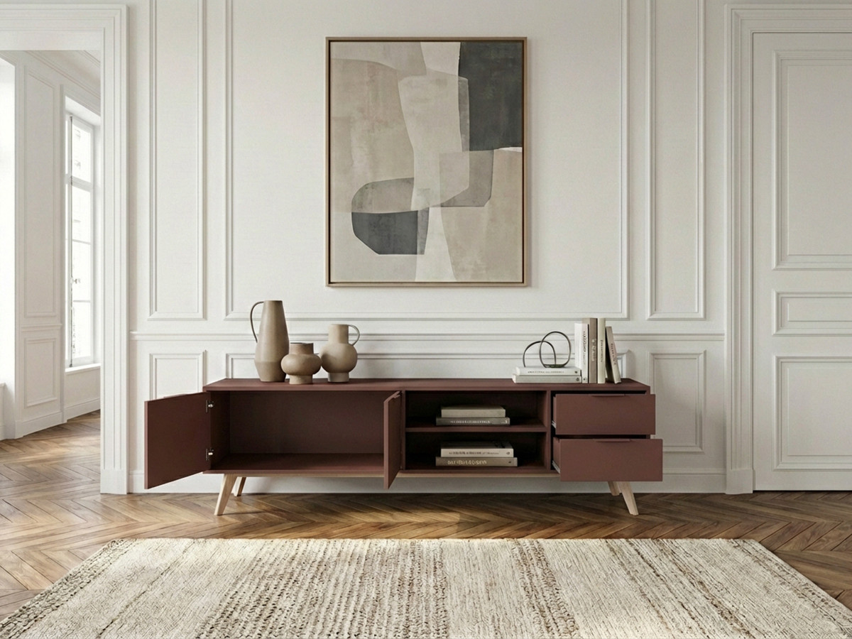 Meuble TV 2 portes 2 tiroirs 180 cm CAPUS pin laqué terracotta — vue 5