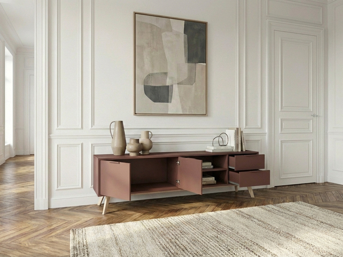 Meuble TV 2 portes 2 tiroirs 180 cm CAPUS pin laqué terracotta — vue 6