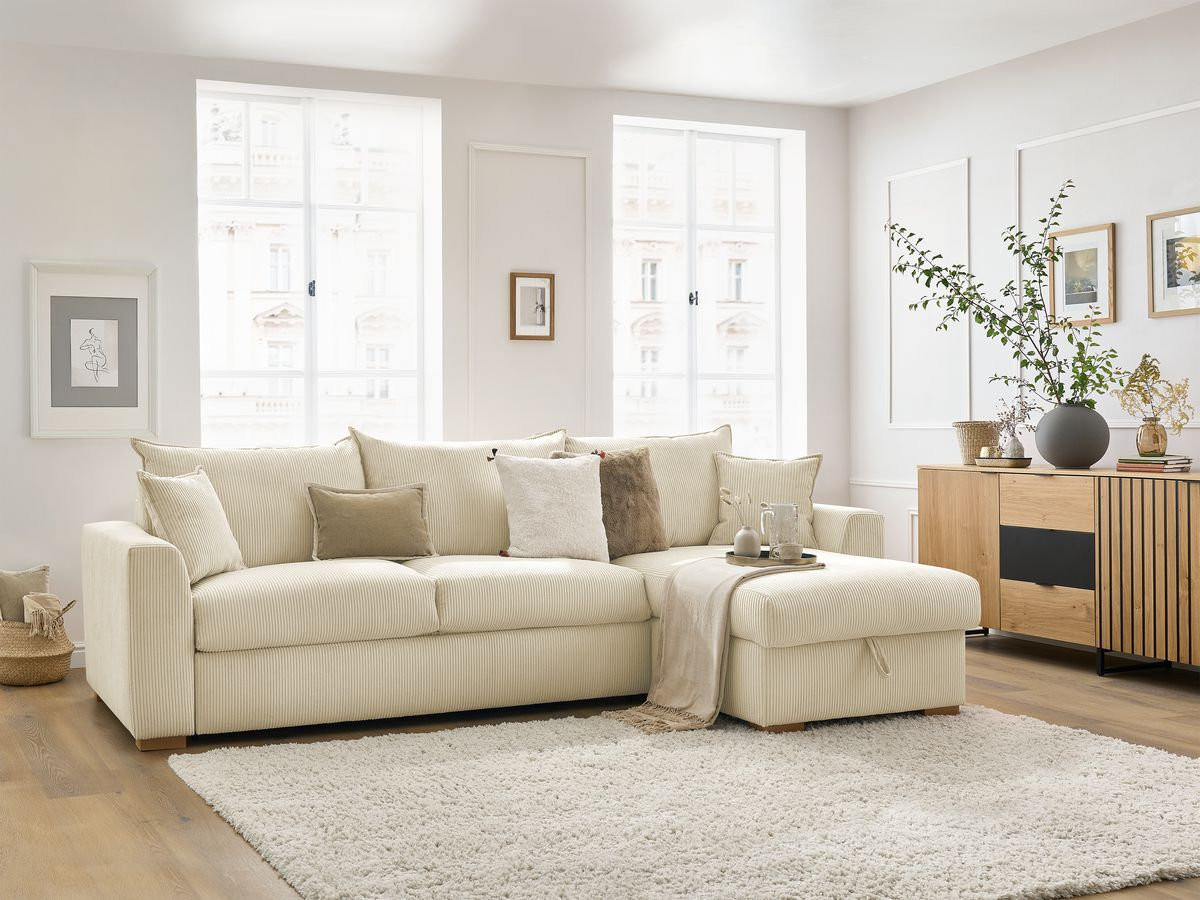 Canapé d'angle convertible ouverture express AUGUSTIN tissu bouclette