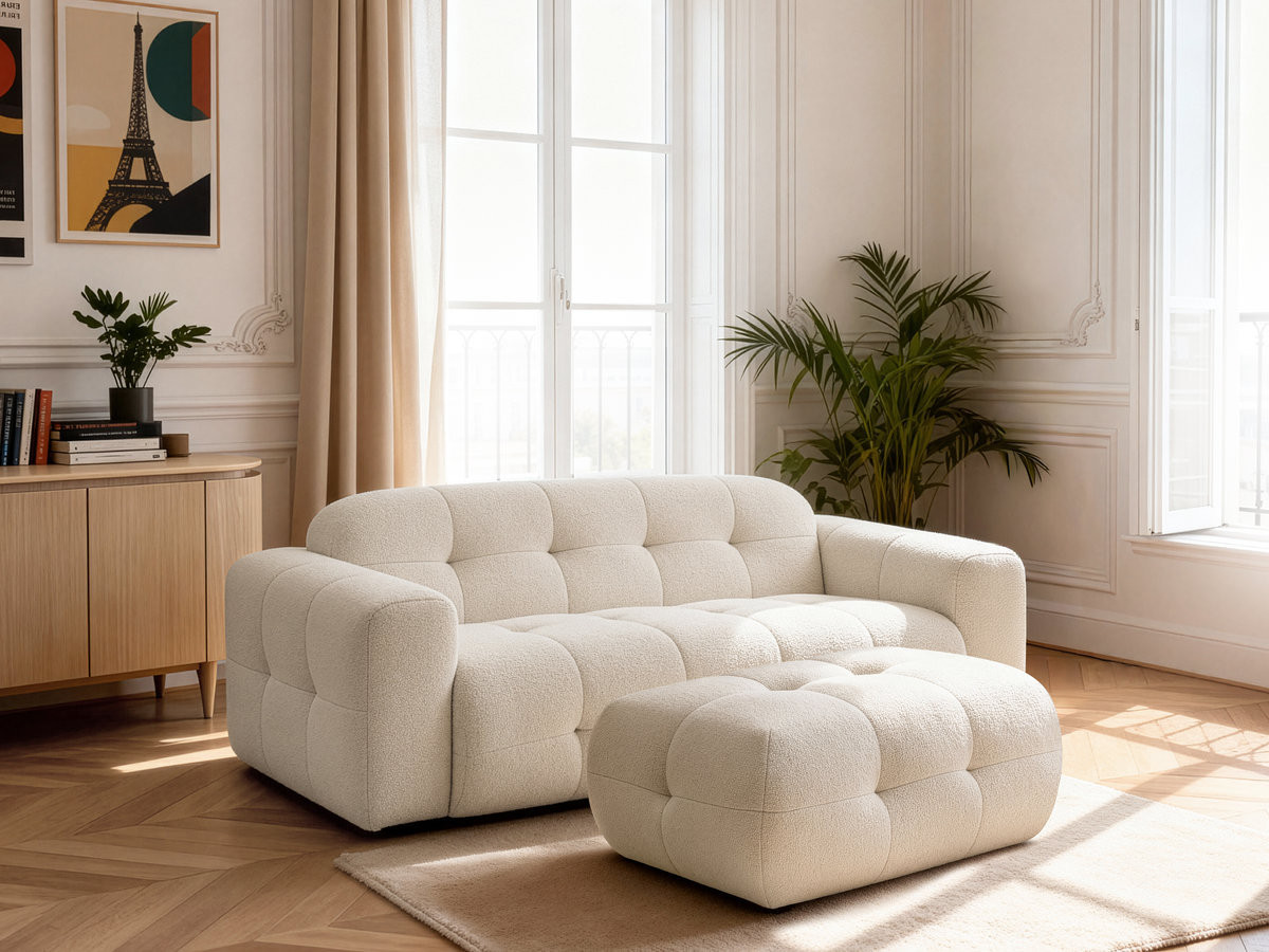 LAURA vaste 3-zits rechte bank in gemęleerde stof met kleine poef