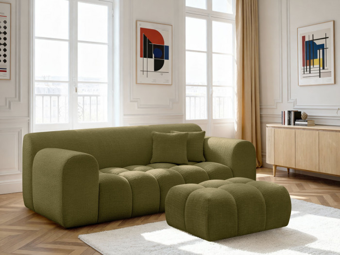 Canapé droit fixe 2 places MELISSE tissu texturé avec pouf
