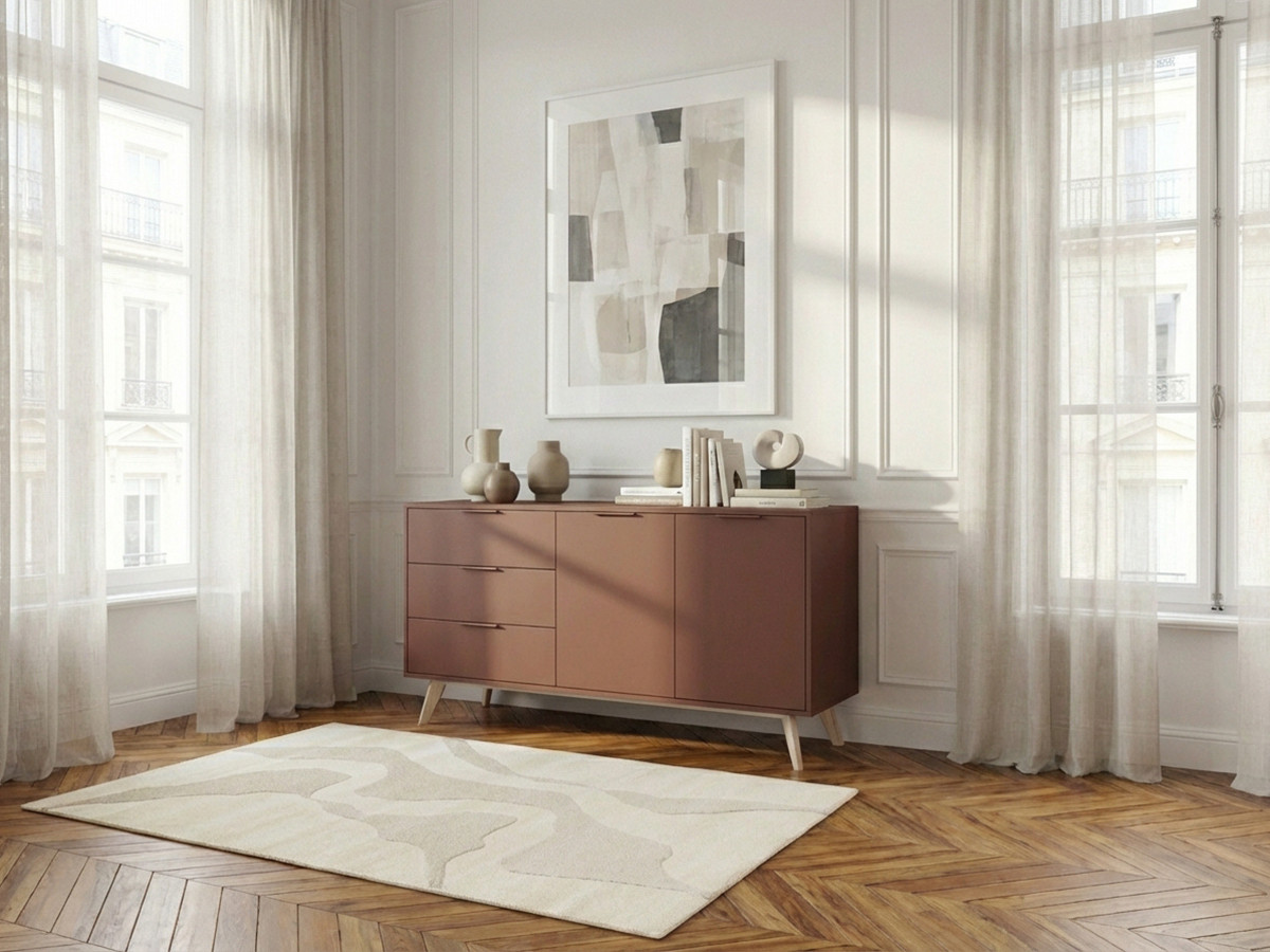 Buffet 2 portes 3 tiroirs 140 cm CAPUS pin laqué terracotta — vue 4