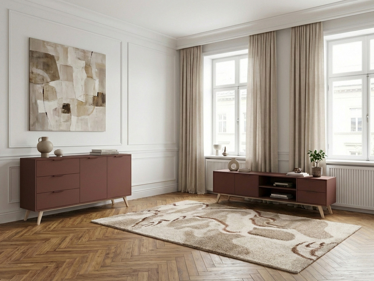 Ensemble CAPUS avec buffet 140 cm + meuble TV 180 cm pin laqué terracotta