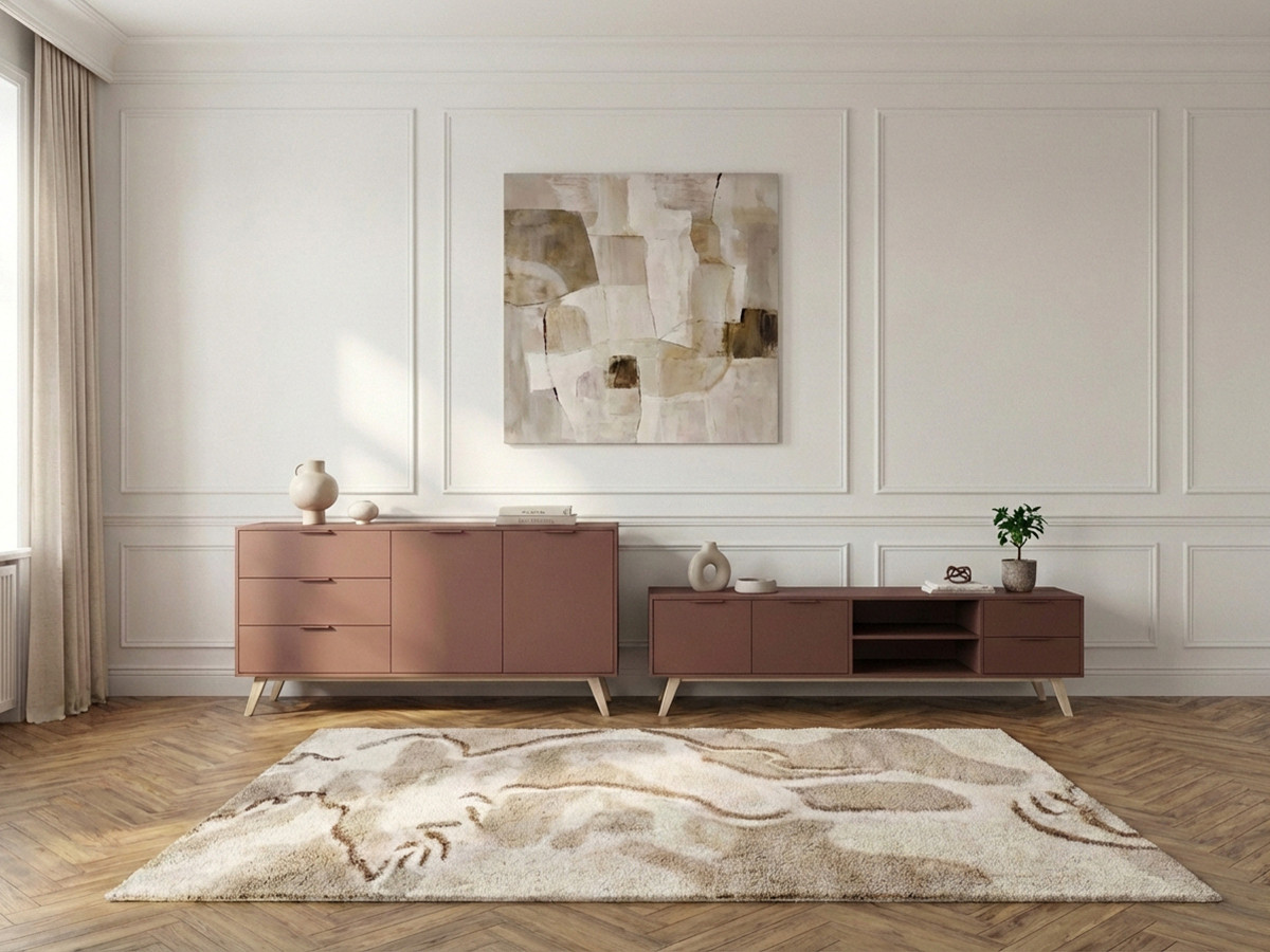 Ensemble CAPUS avec buffet 140 cm + meuble TV 180 cm pin laqué terracotta