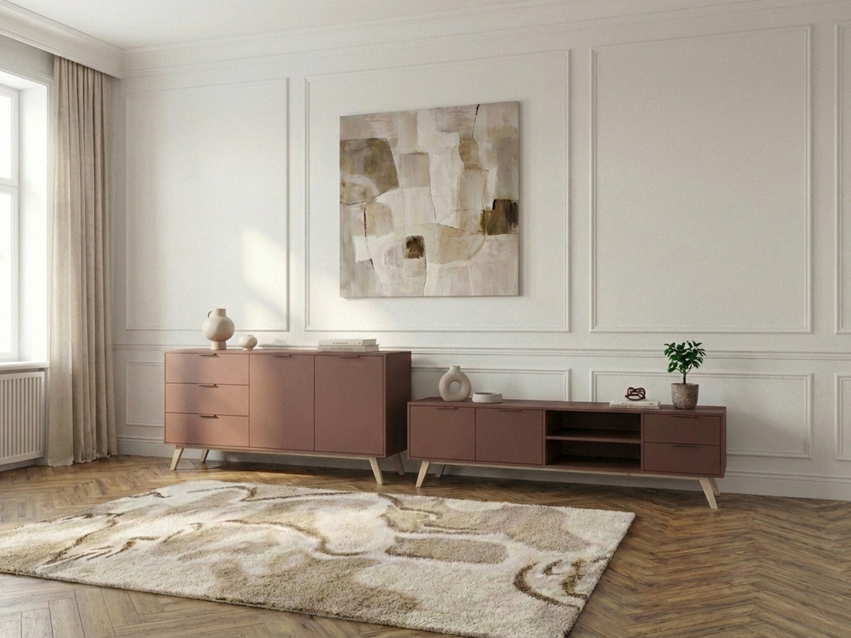 Ensemble CAPUS avec buffet 140 cm + meuble TV 180 cm pin laqué terracotta
