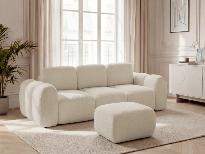 Canapé droit convertible 3 places MONTAIGNE tissu bouclette avec pouf