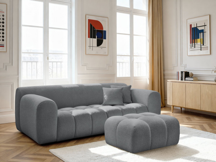Canapé droit fixe 3 places MELISSE tissu chiné avec pouf
