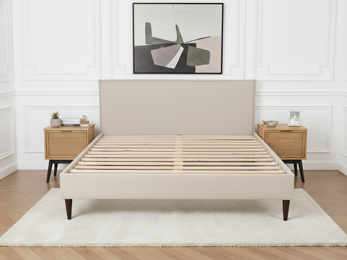 Lit SARY avec lattes massives pieds en bois wengé beige — vue 5