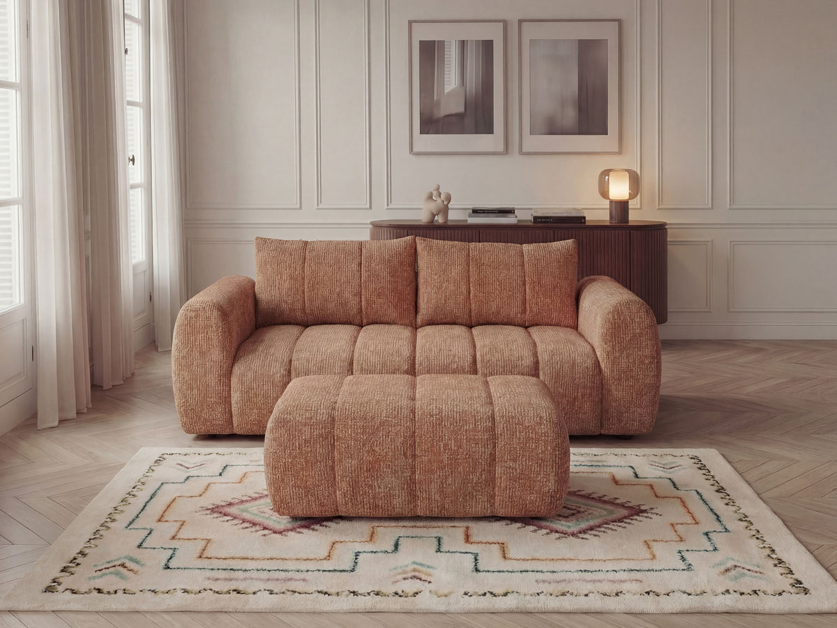 Canapé droit fixe 3 places NESTY tissu chiné avec pouf